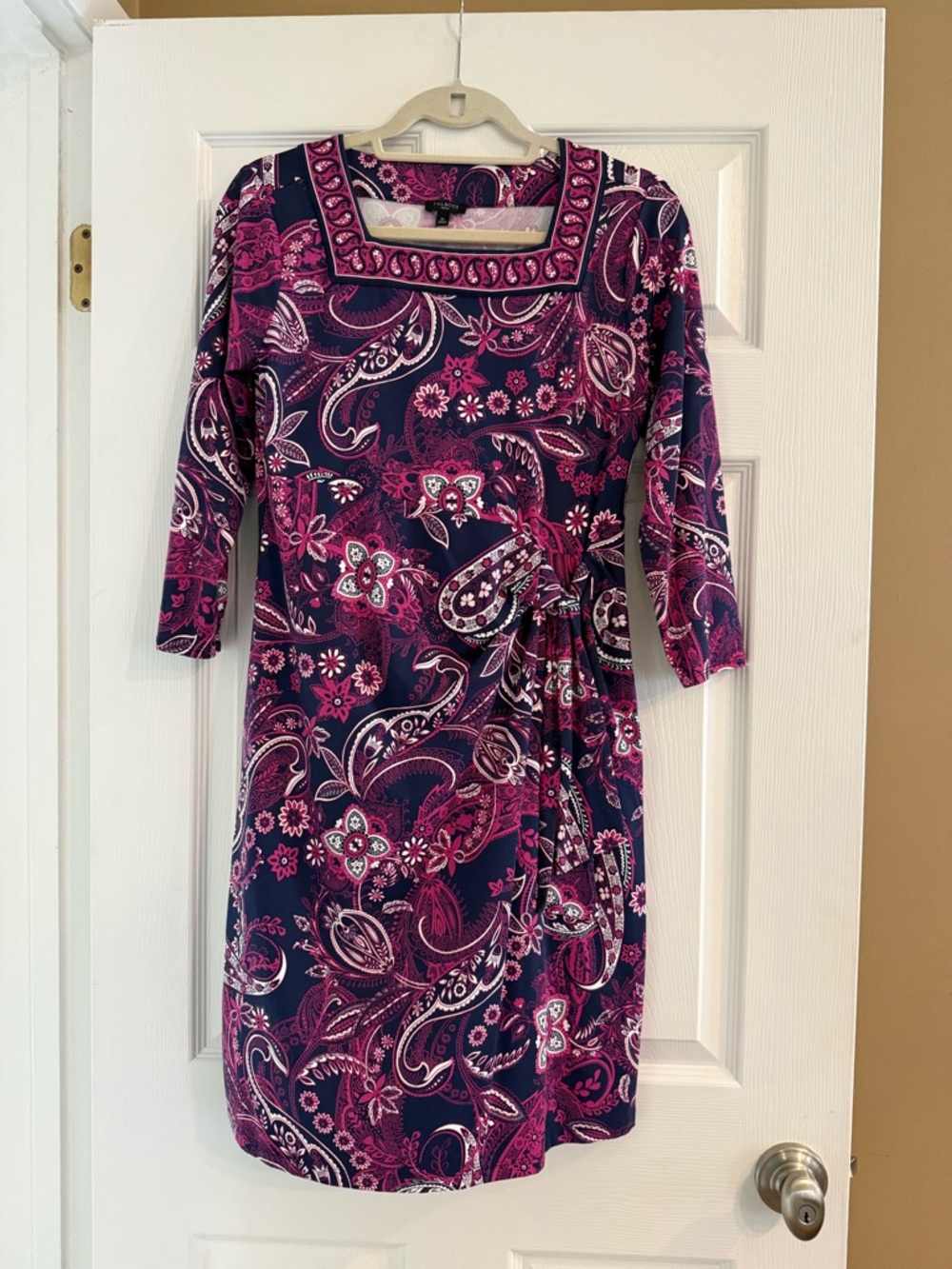 Talbots Paisley Tie-Waist 3/4 Sleeve Dress - Purple & Navy